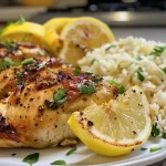 ['Juicy Lemon Herb Chicken served over a bed of rice with herbs and lemon slices.', 'Close-up of Lemon Herb Chicken garnished with parsley, resting on fluffy rice.', 'Delicious plate of Lemon Herb Chicken and rice, showcasing the vibrant colors and textures.', 'Side view of Lemon Herb Chicken with rice, featuring fresh lemon and herbs.']