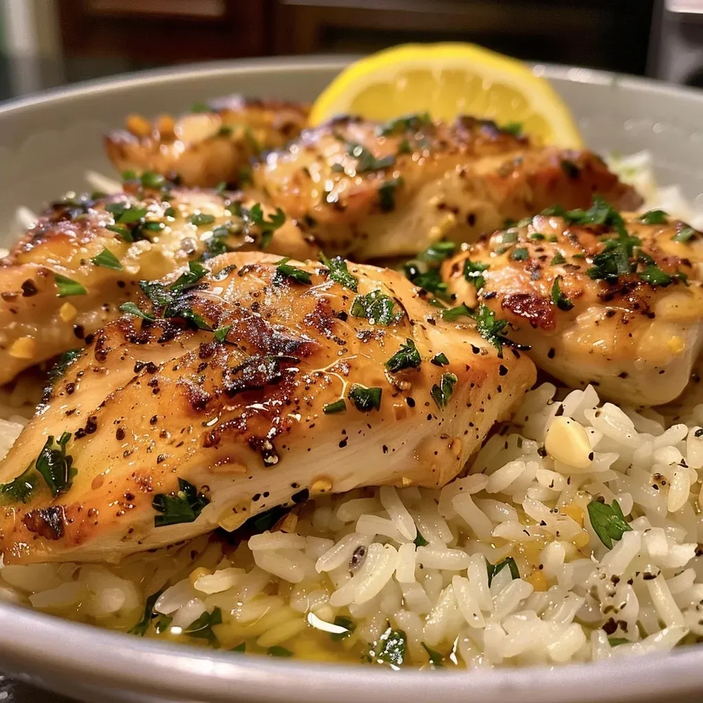 Juicy Lemon Herb Chicken served over a bed of rice with herbs and lemon slices.