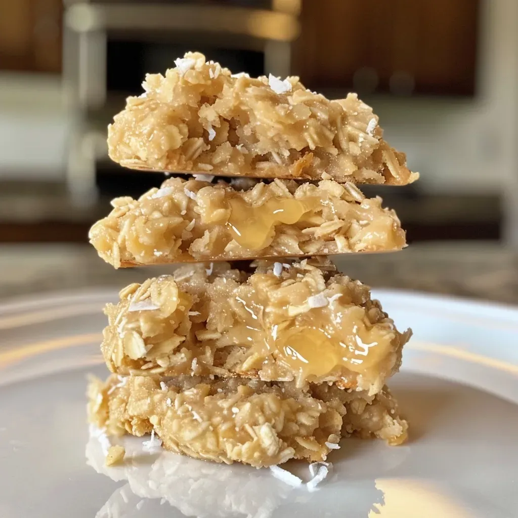 ['Close-up view of Lemon Oatmeal No-Bake Cookies featuring a texture of oats and coconut.', 'Side perspective of Lemon Oatmeal No-Bake Cookies showcasing glossy lemon zest on top.', 'Juicy Lemon Oatmeal No-Bake Cookies arranged neatly, highlighting their chewy consistency.', 'A detailed shot of Lemon Oatmeal No-Bake Cookies with a glistening surface and tropical ingredients.']