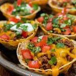 ['Close-up view of Lil Taco Cups with melted cheese and toppings.', 'Side view of small taco cups filled with ground beef and garnished with cilantro.', 'Juicy taco cups showcasing layers of ingredients, including tomatoes and cheese.', 'Display of freshly baked taco cups presented in a muffin tin.']