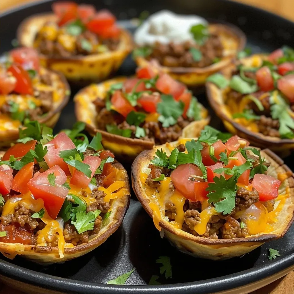 ['Close-up view of Lil Taco Cups with melted cheese and toppings.', 'Side view of small taco cups filled with ground beef and garnished with cilantro.', 'Juicy taco cups showcasing layers of ingredients, including tomatoes and cheese.', 'Display of freshly baked taco cups presented in a muffin tin.']