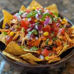 ['Close-up of loaded BBQ chicken nachos stacked high with toppings.', 'Overhead view of a platter filled with BBQ chicken nachos and vibrant ingredients.', 'Side view of a delicious plate of BBQ chicken nachos garnished with fresh tomatoes and jalapeños.', 'A colorful array of loaded nachos featuring shredded chicken, cheese, and toppings.']