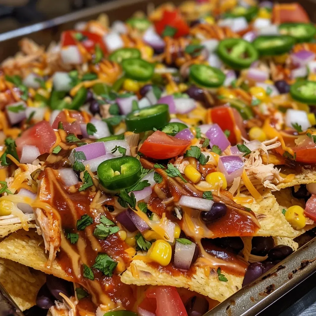 ['Close-up of loaded BBQ chicken nachos stacked high with toppings.', 'Overhead view of a platter filled with BBQ chicken nachos and vibrant ingredients.', 'Side view of a delicious plate of BBQ chicken nachos garnished with fresh tomatoes and jalapeños.', 'A colorful array of loaded nachos featuring shredded chicken, cheese, and toppings.']