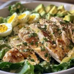 ['Close-up view of a Low Carb Chicken Caesar Salad with chopped romaine, avocado, chicken, and a creamy dressing.', 'Side angle of a delicious Low Carb Chicken Caesar Salad featuring hard-boiled eggs and shaved Parmesan.', 'Bright presentation of Low Carb Chicken Caesar Salad garnished with chives and topped with grilled chicken breasts.', 'Fresh ingredients in a Low Carb Chicken Caesar Salad, showcasing vibrant greens and creamy dressing.']