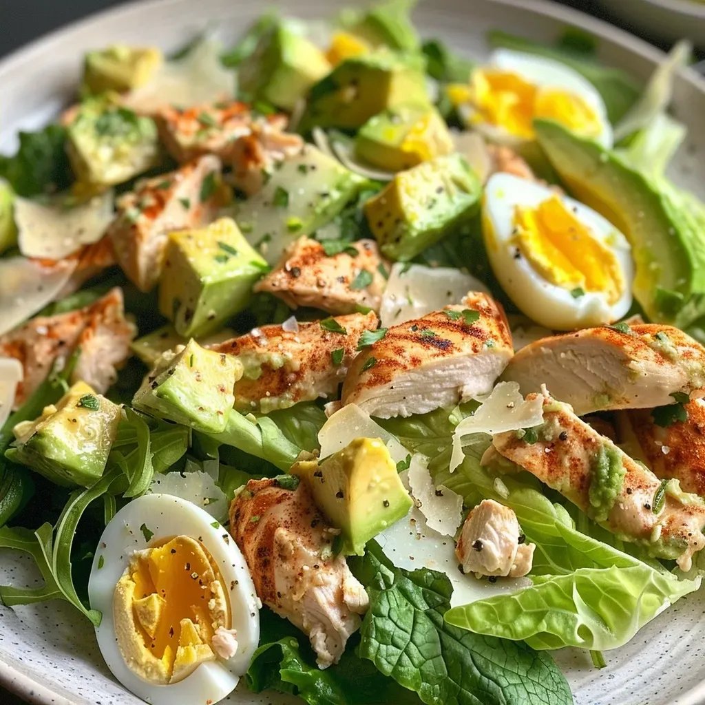 ['Close-up view of a Low Carb Chicken Caesar Salad with chopped romaine, avocado, chicken, and a creamy dressing.', 'Side angle of a delicious Low Carb Chicken Caesar Salad featuring hard-boiled eggs and shaved Parmesan.', 'Bright presentation of Low Carb Chicken Caesar Salad garnished with chives and topped with grilled chicken breasts.', 'Fresh ingredients in a Low Carb Chicken Caesar Salad, showcasing vibrant greens and creamy dressing.']