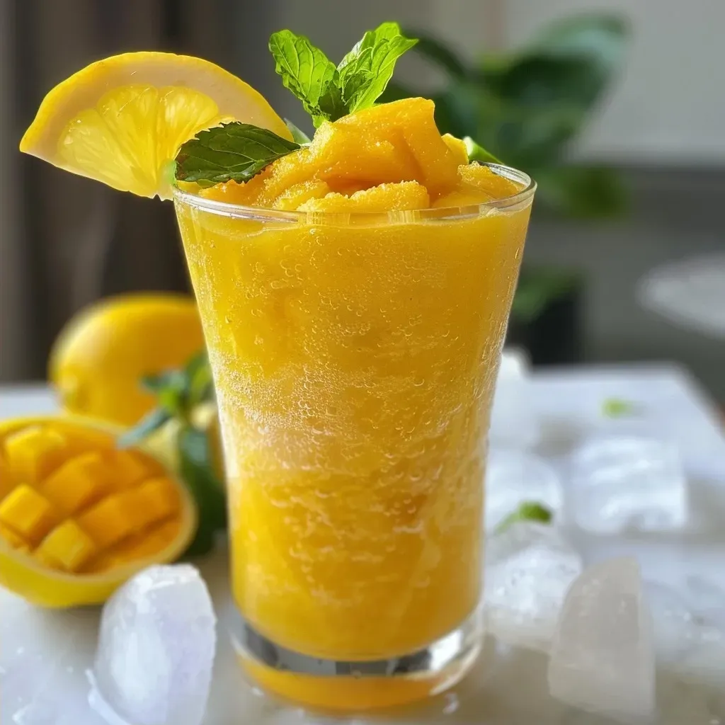 Close-up of a refreshing mango lemonade in a clear glass with ice.