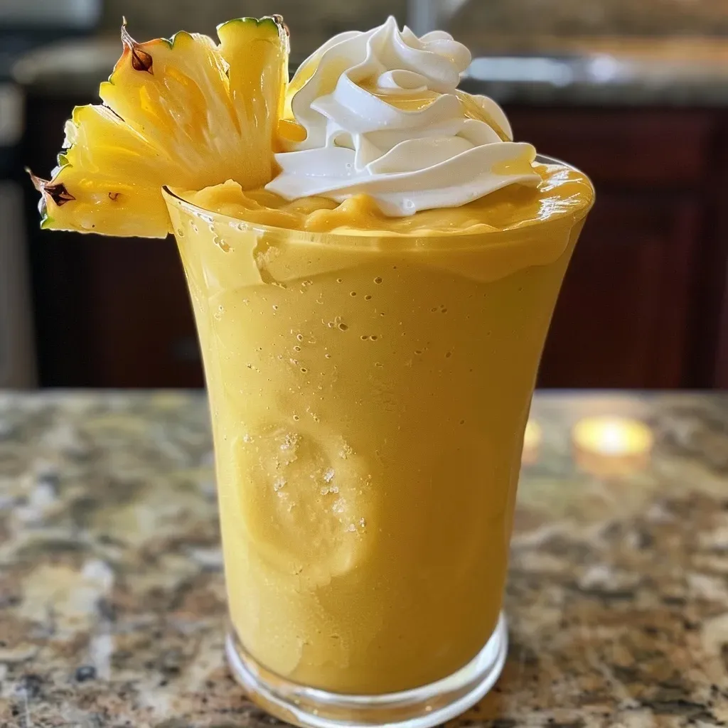['Close-up view of a vibrant mango pineapple smoothie in a glass.', 'Side view of a refreshing mango and pineapple smoothie topped with fruit slices.', 'A creamy smoothie made with mango and pineapple, garnished with whipped cream.', 'A colorful smoothie containing mango and pineapple, presented in an elegant glass.']