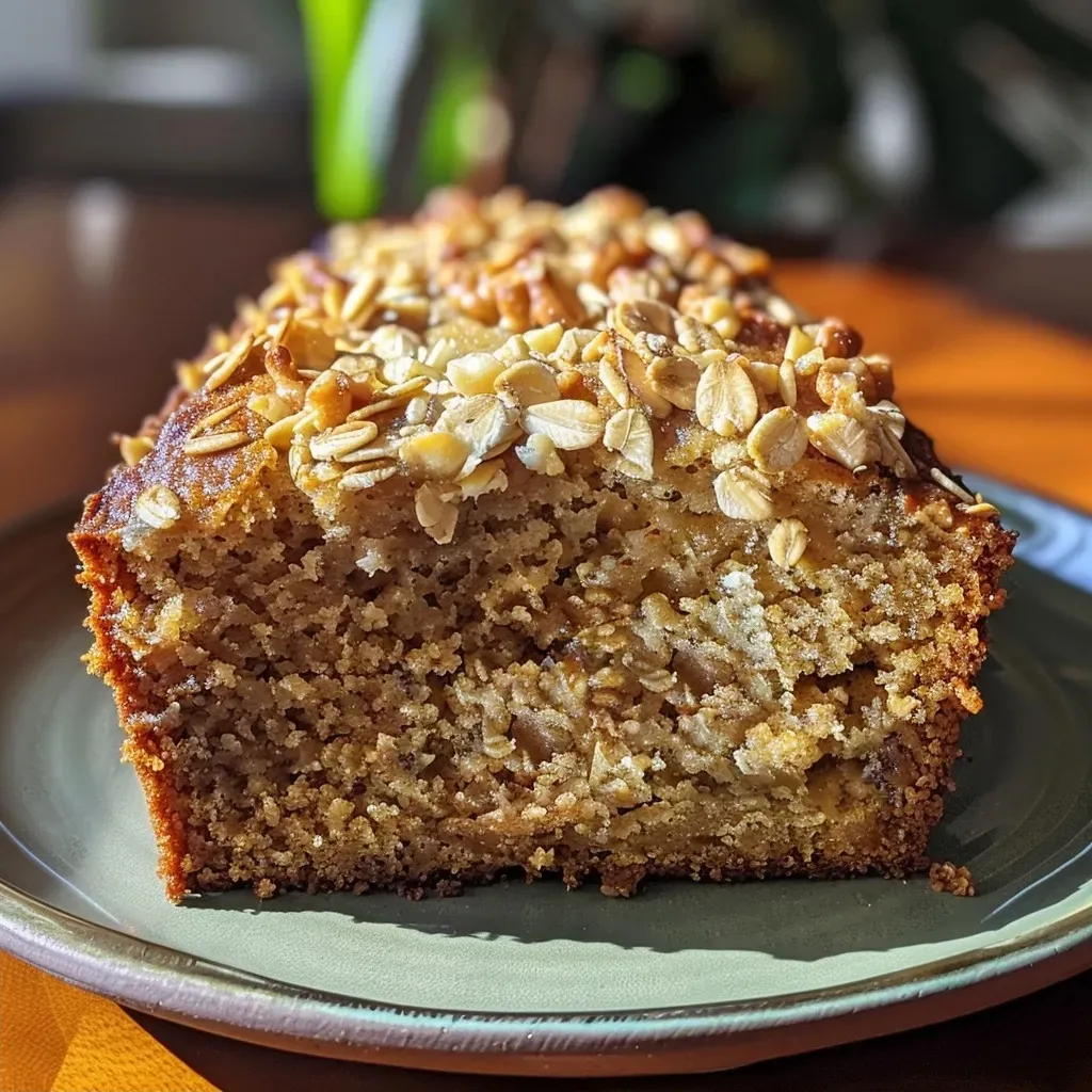 ['Close-up of moist oatmeal banana bread with walnut chunks.', 'Side view of freshly baked banana bread with a golden crust and oat texture.', 'Juicy banana bread loaf showcasing oats and banana chunks in a vibrant kitchen setting.', 'Sliced oatmeal banana bread displaying a soft interior and hearty ingredients.']