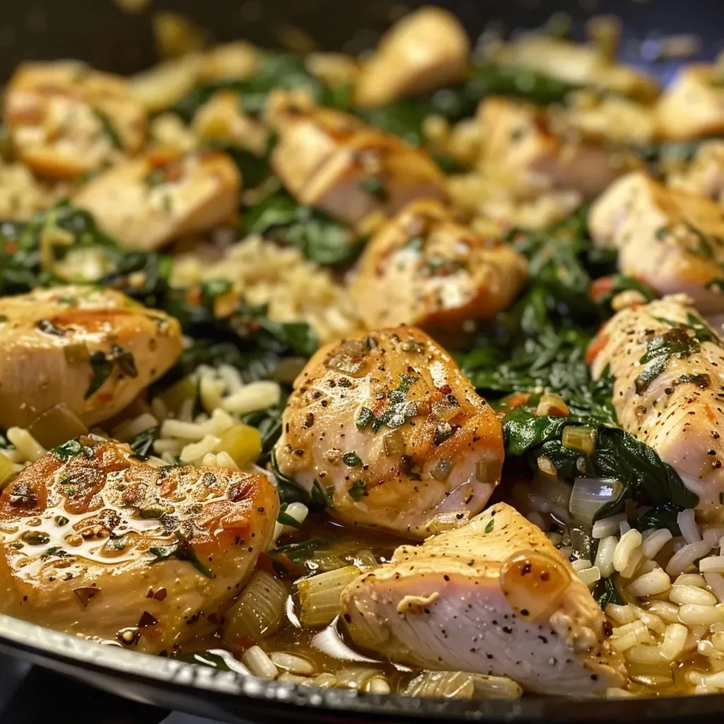 ['Close-up of One Pan Spinach Chicken and Rice featuring juicy chicken cubes and fresh spinach.', 'Side view of a colorful dish of One Pan Spinach Chicken and Rice with visible spices and ingredients.', 'A vibrant plate of One Pan Spinach Chicken and Rice showcasing cooked chicken, spinach, and rice.', 'Delicious One Pan Spinach Chicken and Rice arranged attractively, highlighting the juicy chicken and green spinach.']
