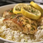 ['Close-up view of juicy One Pot Lemon Herb Chicken and Rice with herbs and lemon slices.', 'Side view of a plate featuring One Pot Lemon Herb Chicken served over fluffy rice.', 'Delicious One Pot Lemon Herb Chicken with rice garnished with herbs, displayed attractively.', 'Succulent pieces of chicken and rice in a pot, emphasizing vibrant lemon and herb flavors.']