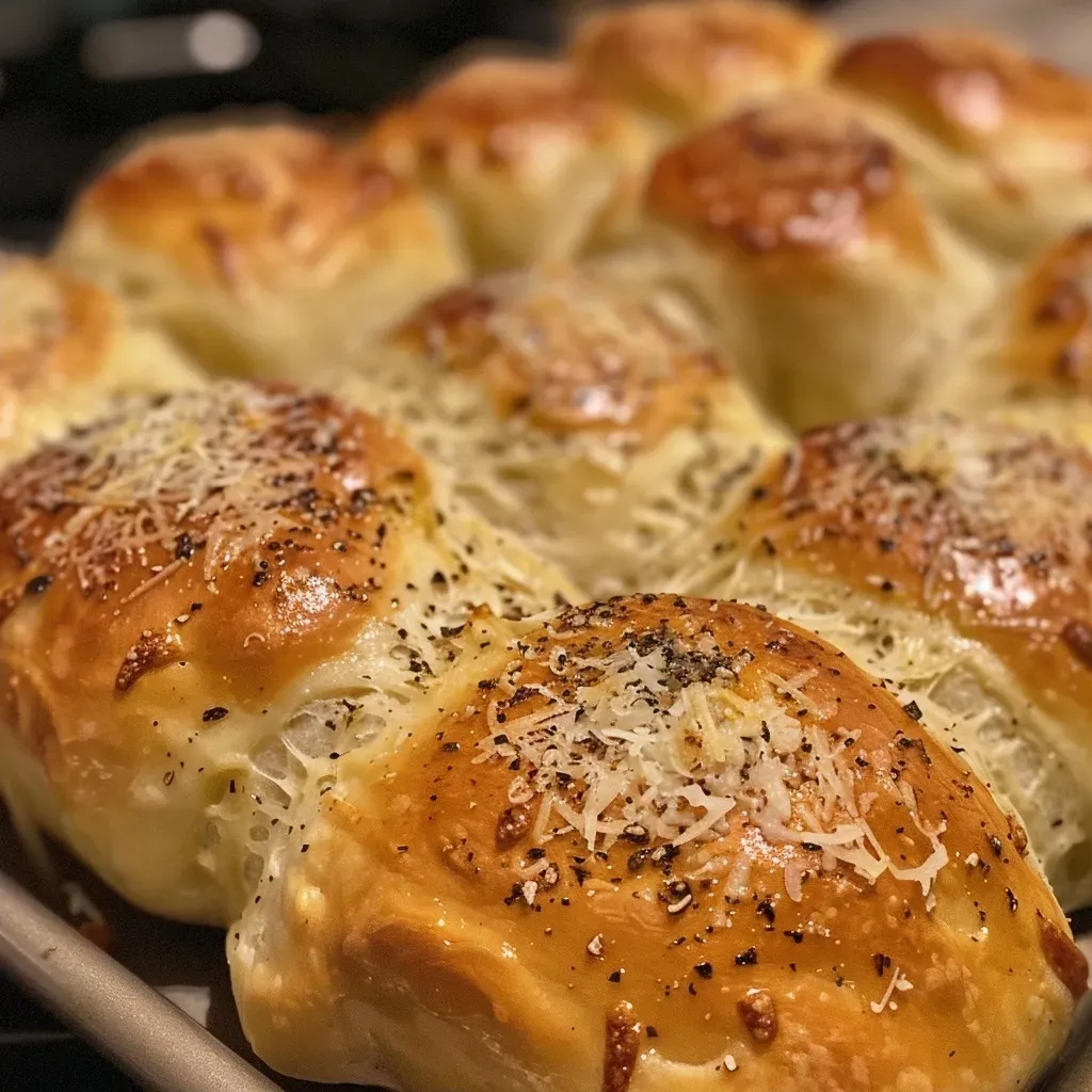 ['Close-up view of golden-brown Parmesan Garlic Rolls with a crispy crust.', 'Side view of freshly baked Parmesan Garlic Rolls topped with melted cheese and garlic.', 'Juicy and fluffy Parmesan Garlic Rolls showcasing their cheesy texture.', 'Detailed image of Parmesan Garlic Rolls highlighting the garlic and Parmesan topping.']