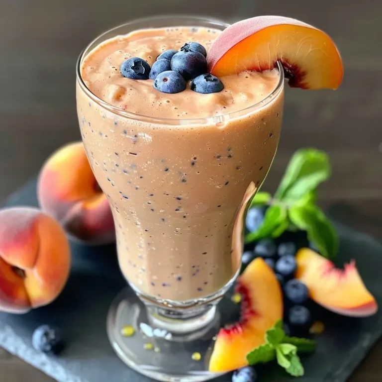 ['A close-up side view of a creamy Peach Blueberry Smoothie in a glass.', 'A vibrant smoothie made with peaches and blueberries, garnished with mint and fresh fruit.', 'A refreshing Peach Blueberry Smoothie showcased in a glass, highlighting its thick texture and color.', 'A colorful smoothie featuring peach and blueberry ingredients, with added garnishes for presentation.']