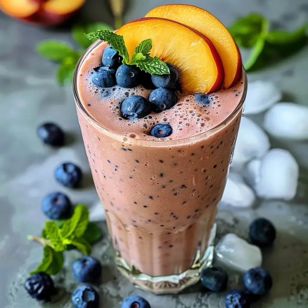 ['A close-up side view of a creamy Peach Blueberry Smoothie in a glass.', 'A vibrant smoothie made with peaches and blueberries, garnished with mint and fresh fruit.', 'A refreshing Peach Blueberry Smoothie showcased in a glass, highlighting its thick texture and color.', 'A colorful smoothie featuring peach and blueberry ingredients, with added garnishes for presentation.']