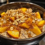 Close-up view of Peach Cobbler Overnight Oats in a glass bowl, topped with granola and peach compote.
