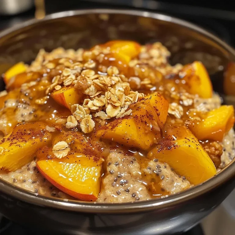 Close-up view of Peach Cobbler Overnight Oats in a glass bowl, topped with granola and peach compote.