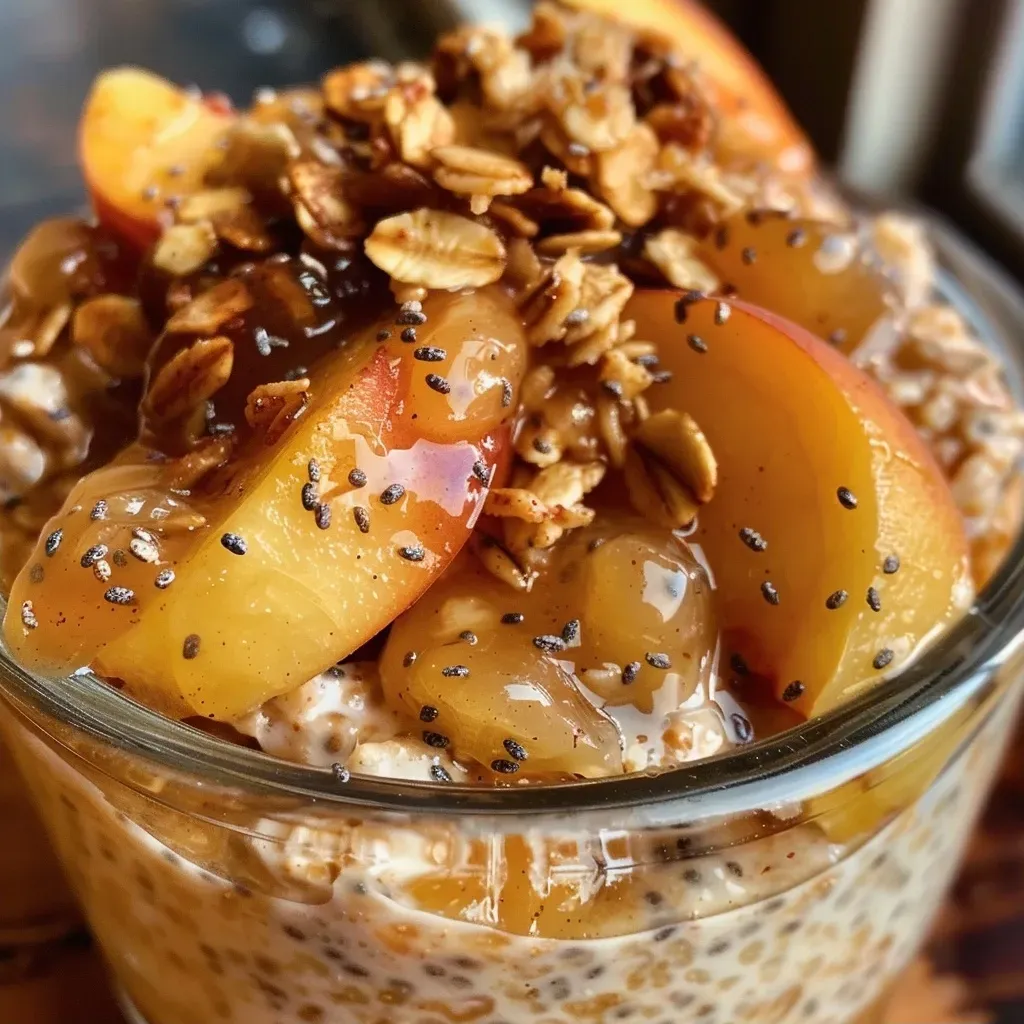A side view of creamy Peach Cobbler Overnight Oats filled with diced peaches and a sprinkle of cinnamon.