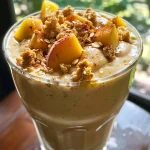 ['Close-up view of a refreshing Peach Cobbler Smoothie in a clear glass, showcasing its creamy texture.', 'Side view of a delicious Peach Cobbler Smoothie with peach slices visible on top, surrounded by a rustic setting.', 'Close-up of a Peach Cobbler Smoothie, highlighting its vibrant peach color and garnished with a sprinkle of ground cinnamon.', 'Side profile of a Peach Cobbler Smoothie, rich in color with peach slices and oats visible in the mix.']