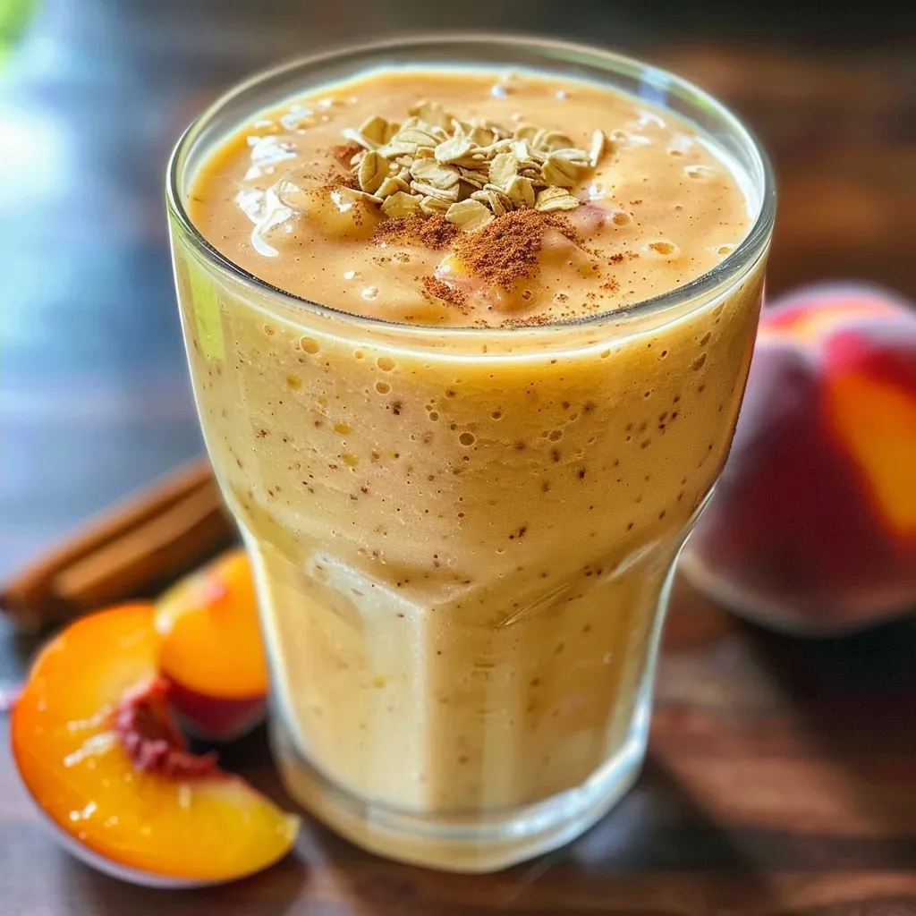 ['Close-up view of a refreshing Peach Cobbler Smoothie in a clear glass, showcasing its creamy texture.', 'Side view of a delicious Peach Cobbler Smoothie with peach slices visible on top, surrounded by a rustic setting.', 'Close-up of a Peach Cobbler Smoothie, highlighting its vibrant peach color and garnished with a sprinkle of ground cinnamon.', 'Side profile of a Peach Cobbler Smoothie, rich in color with peach slices and oats visible in the mix.']