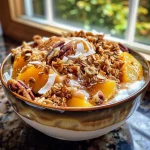 ['Close-up view of a vibrant Peach Crisp Yogurt Bowl with fresh peaches and crunchy toppings.', 'Side angle shot of a creamy yogurt bowl topped with baked peach crisp and nuts.', 'Delicious yogurt bowl featuring layers of vanilla yogurt, oats, and sliced peaches.', 'Freshly prepared Peach Crisp Yogurt Bowl with colorful ingredients arranged artistically.']