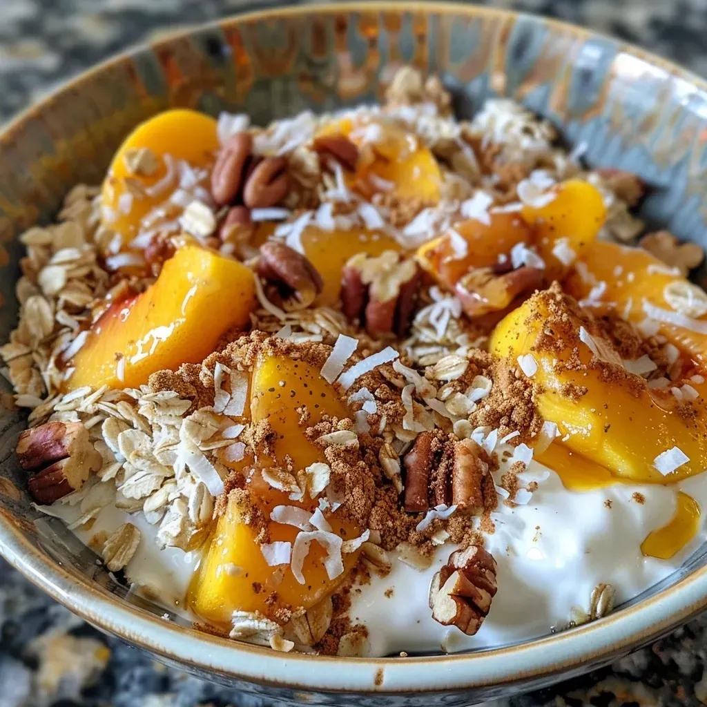 Close-up view of a vibrant Peach Crisp Yogurt Bowl with fresh peaches and crunchy toppings.