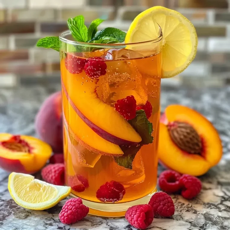 ['Side view of a glass filled with Peach Raspberry Iced Tea, garnished with mint, peaches, and raspberries.', 'Close-up of a refreshing Peach Raspberry Iced Tea in a clear glass, showing vibrant fruits and ice.', 'A glass of Peach Raspberry Iced Tea with slices of peach and fresh raspberries, set against a light background.', 'Detailed view of a delicious Peach Raspberry Iced Tea, featuring iced tea, fruits, and mint leaves.']