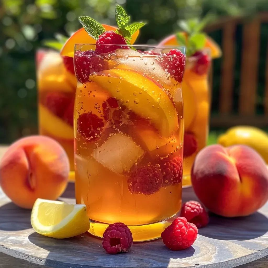 Side view of a glass filled with Peach Raspberry Iced Tea, garnished with mint, peaches, and raspberries.