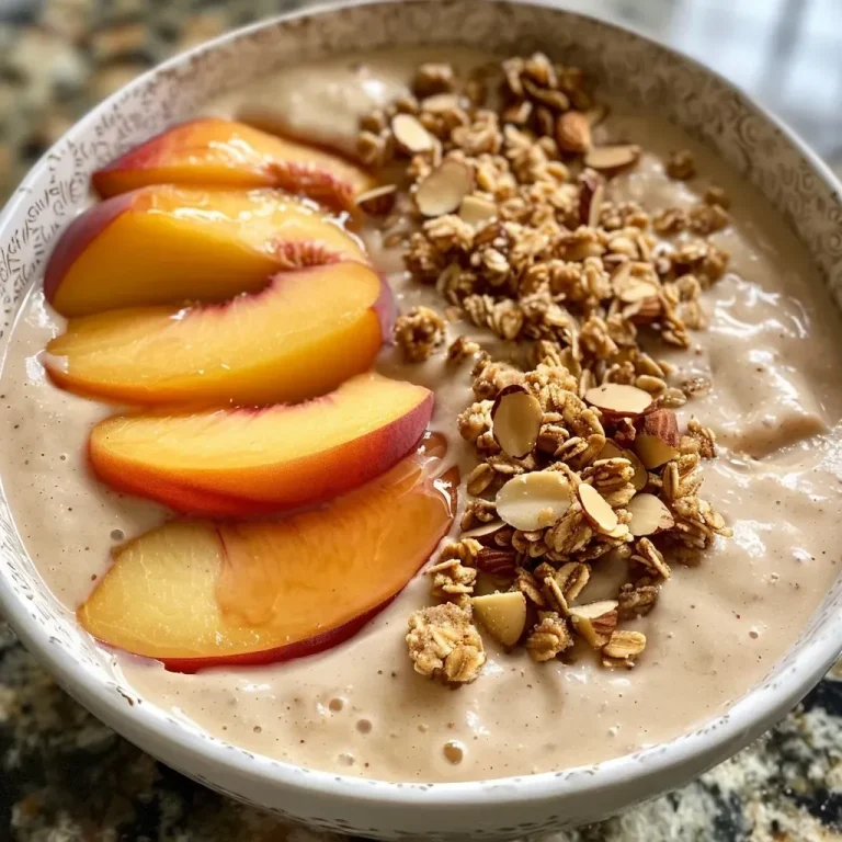 ['A vibrant Peach Smoothie Bowl topped with colorful fruits and granola.', 'Close-up of a creamy Peach Smoothie Bowl garnished with nuts and coconut.', 'A side view of a smoothie bowl filled with peach yogurt and frozen peaches.', 'Textured Peach Smoothie Bowl featuring banana and various toppings.']