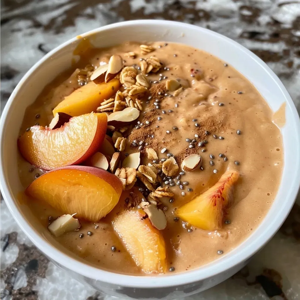A vibrant Peach Smoothie Bowl topped with colorful fruits and granola.