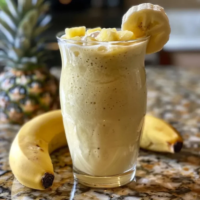 ['Close-up view of a creamy Pineapple Coconut Smoothie in a clear glass with a straw.', 'Side view of a refreshing Pineapple Coconut Smoothie topped with a pineapple slice.', 'Vibrant Pineapple Coconut Smoothie in a tall glass with chunks of fresh pineapple on the side.', 'Thick, yellow Pineapple Coconut Smoothie served in a glass with a slice of banana and coconut flakes.']