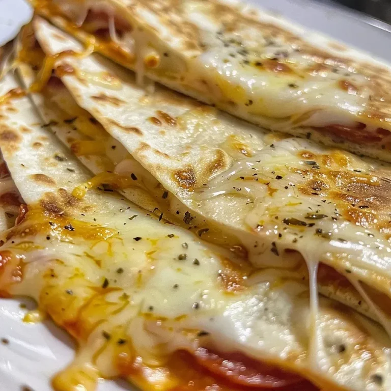 ['A side view close-up of golden-brown pizza quesadillas filled with melted cheese and pepperoni.', 'Juicy pizza quesadillas on a plate, showcasing melted cheese and crispy tortillas.', 'A detailed view of pizza quesadillas with stretchy cheese and pepperoni peeking out.', 'Close-up of cheesy, golden pizza quesadillas with a side of pizza sauce for dipping.']