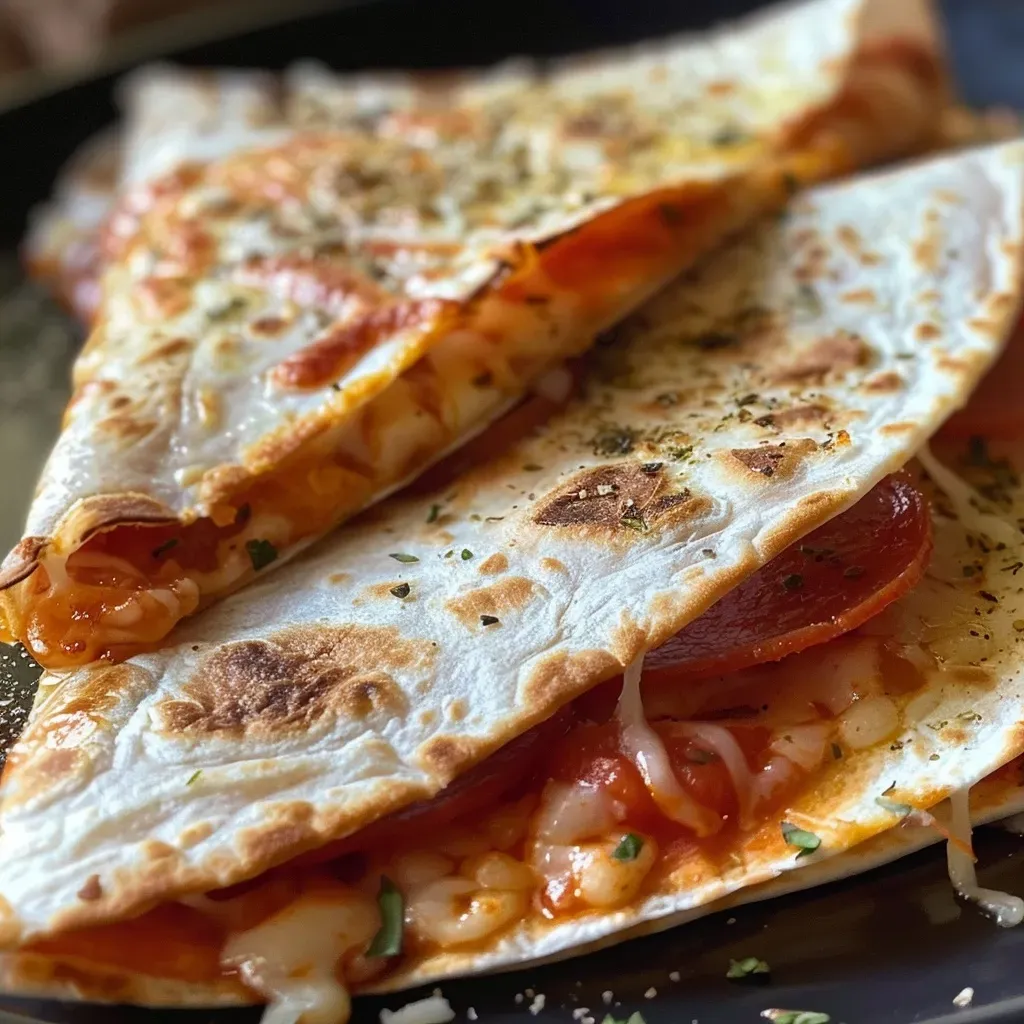 ['A side view close-up of golden-brown pizza quesadillas filled with melted cheese and pepperoni.', 'Juicy pizza quesadillas on a plate, showcasing melted cheese and crispy tortillas.', 'A detailed view of pizza quesadillas with stretchy cheese and pepperoni peeking out.', 'Close-up of cheesy, golden pizza quesadillas with a side of pizza sauce for dipping.']