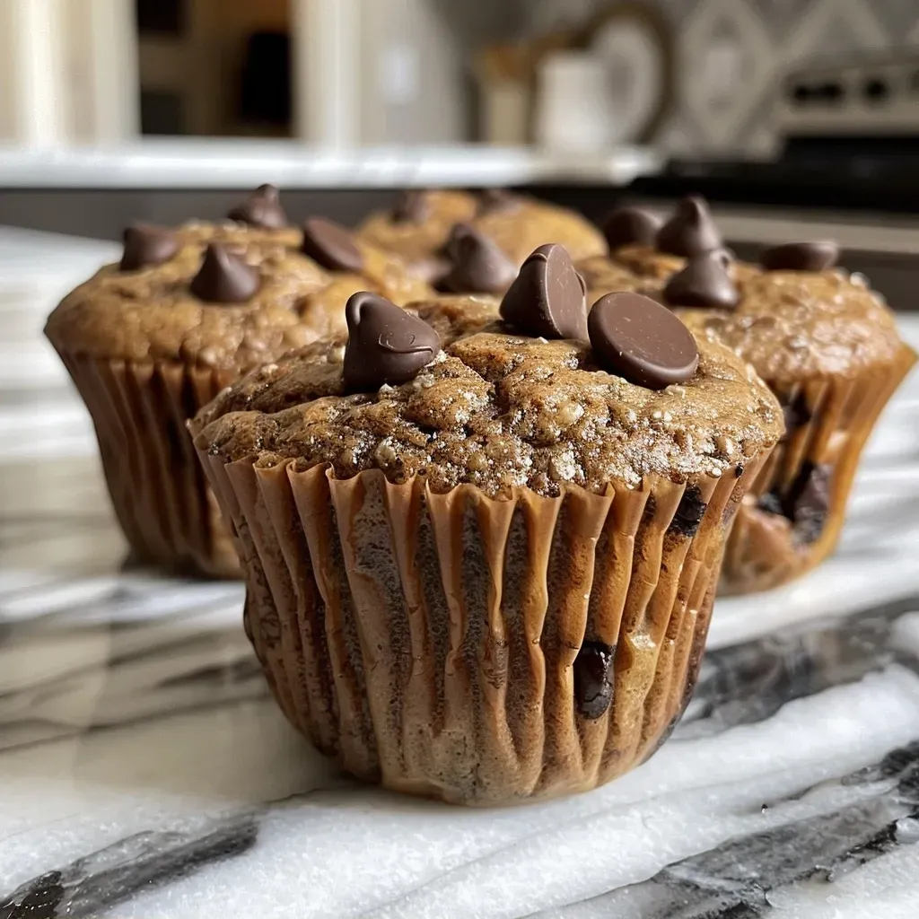 ['Close-up view of a protein muffin with a moist inside and golden brown top.', 'Side profile of delicious protein muffins showing a fluffy texture and chocolate chips.', 'Juicy protein muffins displayed attractively, highlighting their baked appearance.', 'Close-up shot of protein muffins revealing a soft interior and rich color.']