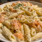 ['Close-up view of creamy Salmon Alfredo pasta topped with fresh thyme.', 'Side view of a bowl of Salmon Alfredo with penne pasta and garnished with herbs.', 'Juicy Salmon Alfredo served in a plate, showing rich cream sauce and salmon strips.', 'Detailed close-up of cooked penne in creamy sauce with smoked salmon pieces.']