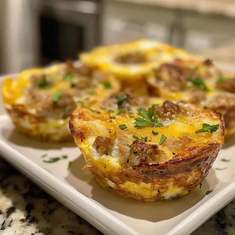 ['Close-up view of a savory sausage egg cup topped with melted cheese.', 'Side view of a golden brown sausage egg cup with visible layers of egg and sausage.', 'Juicy sausage egg cup featuring a fluffy texture and a sprinkle of cheese.', 'Delicious sausage egg cup with a crispy edge and a creamy interior.']