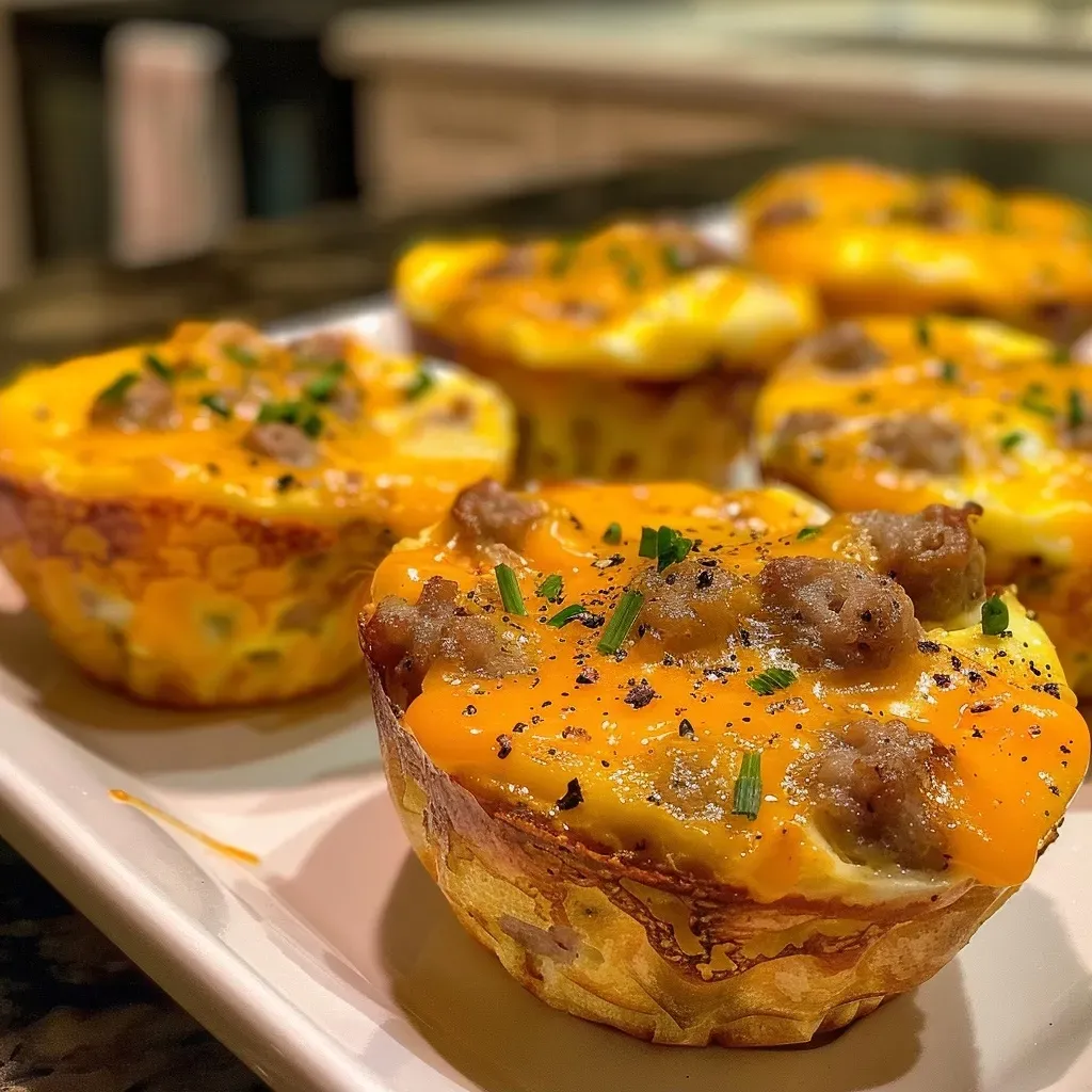 Close-up view of a savory sausage egg cup topped with melted cheese.