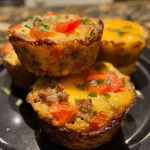 Close-up view of a golden brown sausage hash brown breakfast muffin with melty cheese.