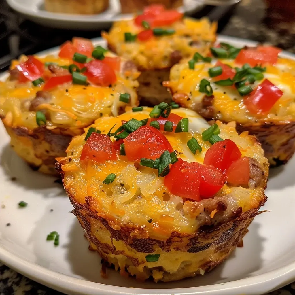 Side view of a fluffy breakfast muffin featuring sausage bits and crispy hash browns.