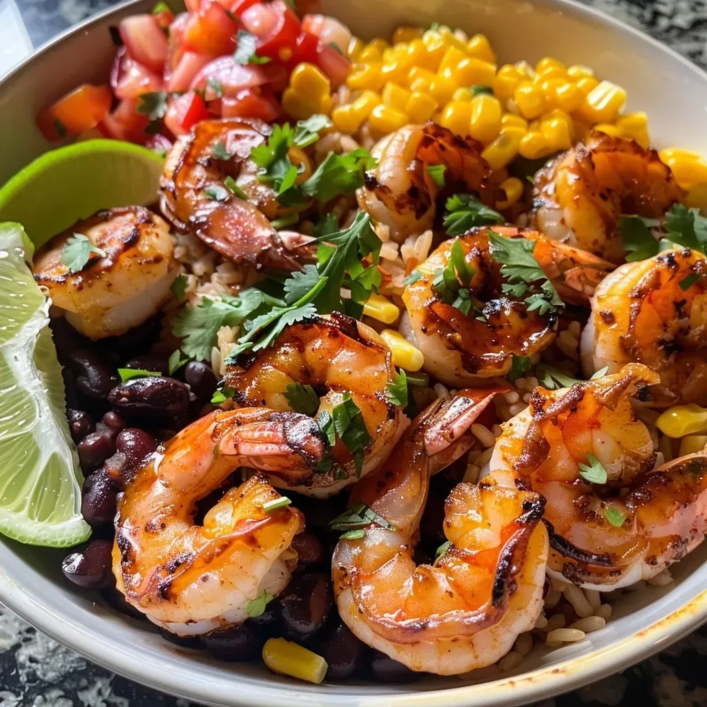 ['Close-up side view of a colorful shrimp taco bowl filled with brown rice, black beans, corn, and fresh toppings.', 'Juicy shrimp taco bowl featuring cooked rice, topped with diced tomatoes, cheese, and cilantro.', 'Side view of a vibrant shrimp taco bowl with shrimp, vegetables, and garnishes in a white bowl.', 'Artistic display of a shrimp taco bowl showcasing layers of rice, beans, shrimp, and colorful toppings.']