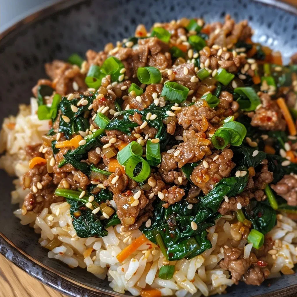 ['Close-up of Slow Cooker Korean Beef Spinach Rice in a bowl, showcasing colorful ingredients.', 'Juicy Korean beef with spinach and rice, presented in a vibrant dish from a side view.', 'A hearty serving of Slow Cooker Korean Beef Spinach Rice, highlighting rich colors and textures.', 'Side view of a delicious bowl of Korean beef rice with greens, featuring spices and vegetables.']