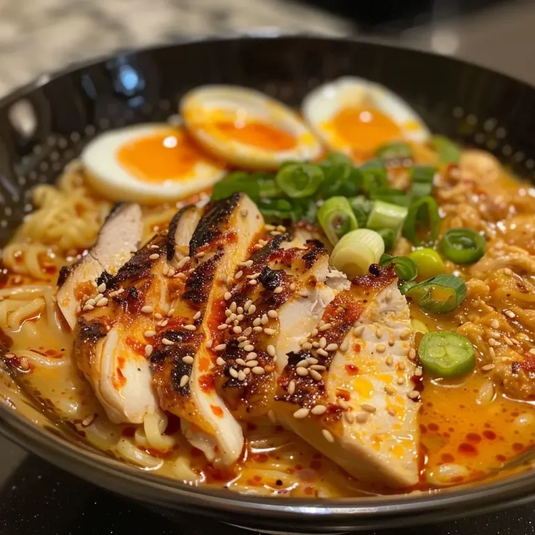 ['Close-up view of a bowl of spicy and creamy chicken ramen with sliced scallions and sesame seeds.', 'Side view of a hearty chicken ramen bowl featuring noodles, chicken, and a creamy broth.', 'Juicy chicken ramen displayed in a bowl, garnished with scallions and sesame, emphasizing its creamy consistency.', 'Detailed shot of spicy chicken ramen with noodles, chicken breasts, and a drizzle of chili oil.']