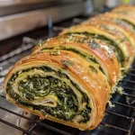 ['A close-up side view of a juicy spinach roll showcasing a golden-brown crust and visible green spinach filling.', 'Detailed image of a spinach roll, highlighting the texture of the baked exterior and the vibrant green spinach filling.', 'Side view close-up of a delectable spinach roll, with steam rising and the colorful filling partly visible.', 'Juicy spinach roll captured from the side, emphasizing its flaky texture and rich green interior.']