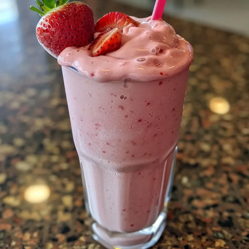 ['Close-up view of a vibrant strawberry lemonade smoothie in a glass.', 'Side angle of a refreshing strawberry lemonade smoothie garnished with a strawberry.', 'Juicy strawberry lemonade smoothie in a clear glass, showcasing its pink color.', 'Thick strawberry lemonade smoothie with a creamy texture, captured with vibrant colors.']
