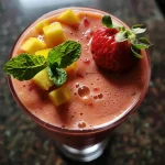 ['Close-up view of a strawberry mango smoothie in a glass with fresh mint on top.', 'Side angle of a vibrant smoothie blending strawberries and mango, garnished with mint.', 'Juicy strawberry mango smoothie in a clear glass, showcasing layers of fruit and yogurt.', 'Refreshing smoothie made from strawberries and mango, served with a mint leaf garnish.']