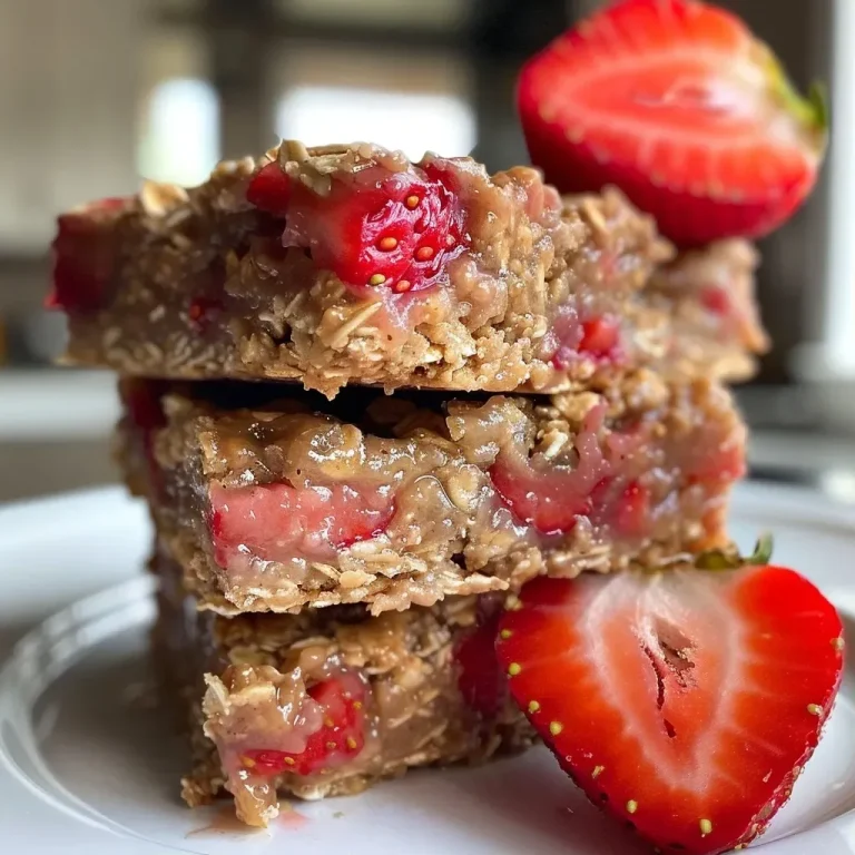 ['Close-up view of a juicy strawberry oatmeal bar, showcasing its texture and ingredients.', 'Side view of freshly baked strawberry oatmeal bars with strawberries and oats visible.', 'Delicious strawberry oatmeal bars presented on a wooden surface, highlighting their thickness.', 'Appetizing strawberry oatmeal bars with a golden-brown crust and chopped strawberries on top.']