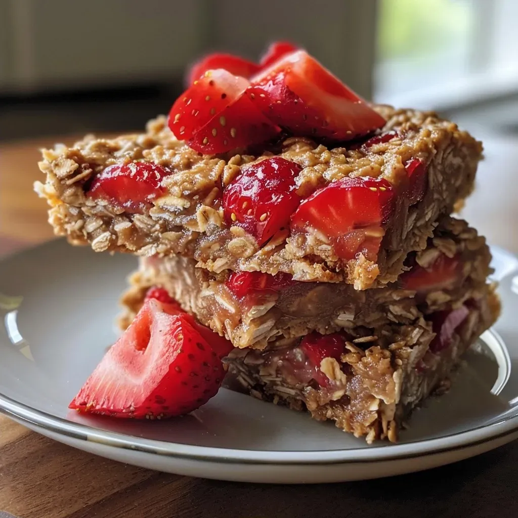 ['Close-up view of a juicy strawberry oatmeal bar, showcasing its texture and ingredients.', 'Side view of freshly baked strawberry oatmeal bars with strawberries and oats visible.', 'Delicious strawberry oatmeal bars presented on a wooden surface, highlighting their thickness.', 'Appetizing strawberry oatmeal bars with a golden-brown crust and chopped strawberries on top.']