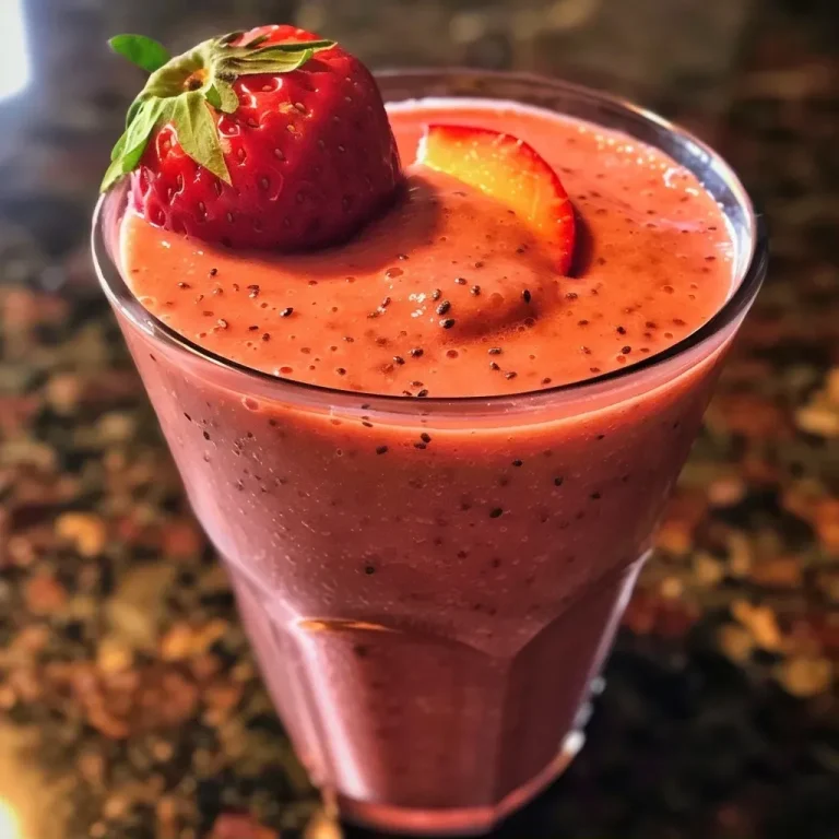 ['Close-up side view of a vibrant strawberry peach smoothie in a clear glass.', 'A refreshing strawberry peach smoothie with a creamy texture, garnished on top.', 'Juicy strawberry peach smoothie captured from the side, showcasing its inviting color.', 'Side view of a thick, blended strawberry peach smoothie in a glass.']