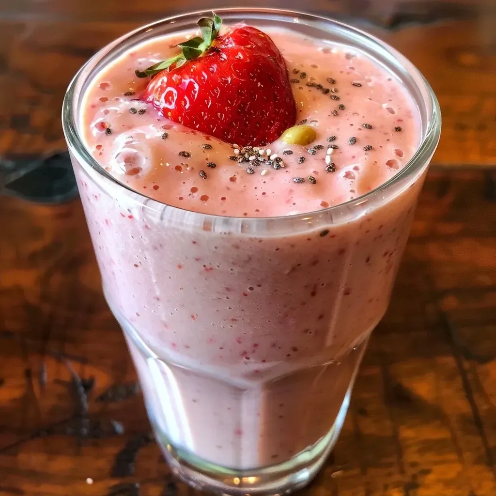 ['Close-up side view of a vibrant strawberry peach smoothie in a clear glass.', 'A refreshing strawberry peach smoothie with a creamy texture, garnished on top.', 'Juicy strawberry peach smoothie captured from the side, showcasing its inviting color.', 'Side view of a thick, blended strawberry peach smoothie in a glass.']