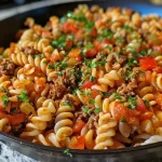 ['Close-up of a serving of Taco Pasta with melted cheese and colorful tomatoes.', 'Side view of creamy Taco Pasta topped with cheddar and Monterey Jack cheese.', 'Juicy Taco Pasta in a bowl, showcasing ground beef and vibrant green chilies.', 'One pot Taco Pasta featuring pasta shells, melted cheese, and taco seasonings.']