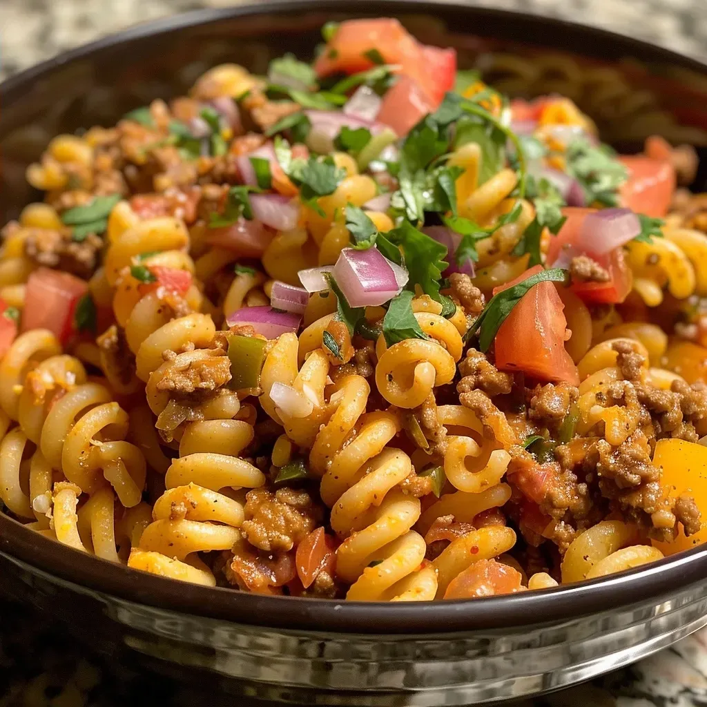 ['Close-up of a serving of Taco Pasta with melted cheese and colorful tomatoes.', 'Side view of creamy Taco Pasta topped with cheddar and Monterey Jack cheese.', 'Juicy Taco Pasta in a bowl, showcasing ground beef and vibrant green chilies.', 'One pot Taco Pasta featuring pasta shells, melted cheese, and taco seasonings.']