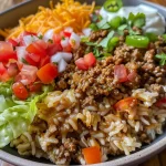 ['Close-up side view of a hearty Taco Rice Fiesta with colorful toppings.', 'Juicy Taco Rice Fiesta featuring layers of ground beef, rice, and fresh vegetables.', 'A vibrant serving of Taco Rice Fiesta topped with cheese and lettuce.', 'Delicious Taco Rice Fiesta in a bowl, garnished with diced tomatoes and onions.']